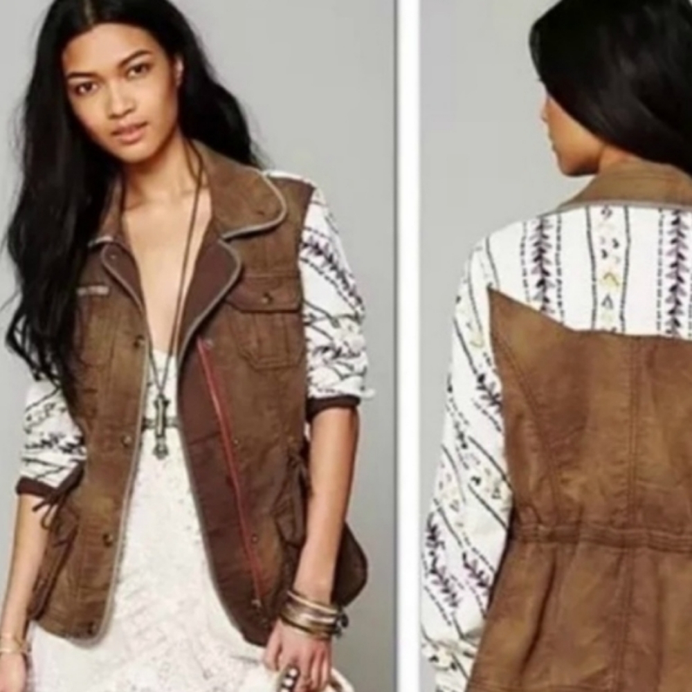 Free People Brown Suede-Look Utility Vest with Printed Sleeve Detail